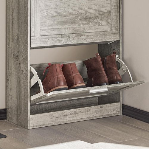 SoBuy Shoe Storage Cabinet Entryway, Slim Shoe Rack Freestanding, Narrow Shoe Organizer 2 Flip-Drawers Shoe Cupboard for Mudroom Front Door Entrance Hallway Bedroom, FSR137-HG (Grey)