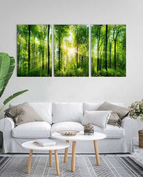 HLJ ART Forest Wall Art: 3 Panel Green Tree Pictures Canvas Wall Art, 20x30 Inch, Sunrise Prints Scenery Wall Art Hanging Wall Mural Nature Art Wall Decor for Bedroom, Living Room, Office