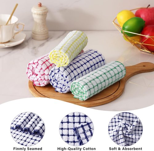 Homaxy Kitchen Towels Set - Super Soft & Absorbent Cotton Dishcloths | 8-Piece Set in Blue, Yellow, Red & Green