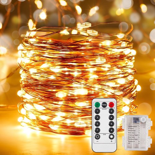 Ariceleo Outdoor String Lights - 65.6 Ft Battery Operated LED Fairy Lights with Remote & Timer | Waterproof Warm White Twinkle Lights for Parties & Weddings