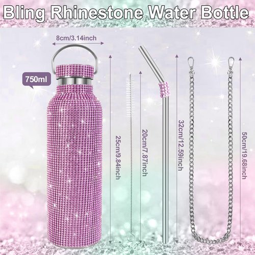 INSTOME Bling Water Bottle with Chain - 25 oz Sparkling Diamond Rhinestone Tumbler, Glittering Reusable Cup for Women Girl
