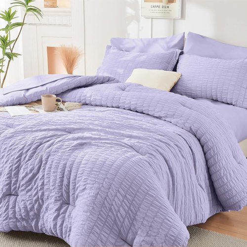 HYMOKEGE King Size Comforter Set - Luxurious Light Purple Seersucker 7-Piece Bedding Set
