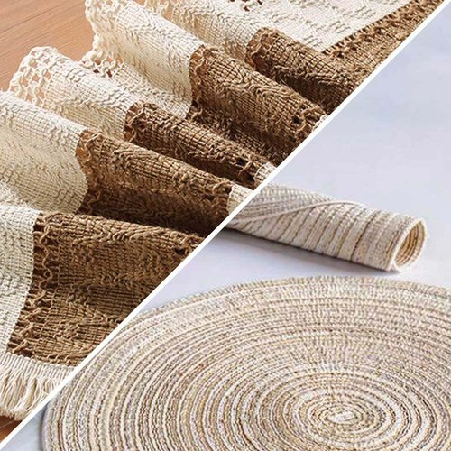 Placemats Set of 6 - Natural Cotton Burlap Table Mats and Braided Round Place Mats, Heat Resistant Mats for Dining Table, Kitchen, or Farmhouse Decoration, Doho Placemats