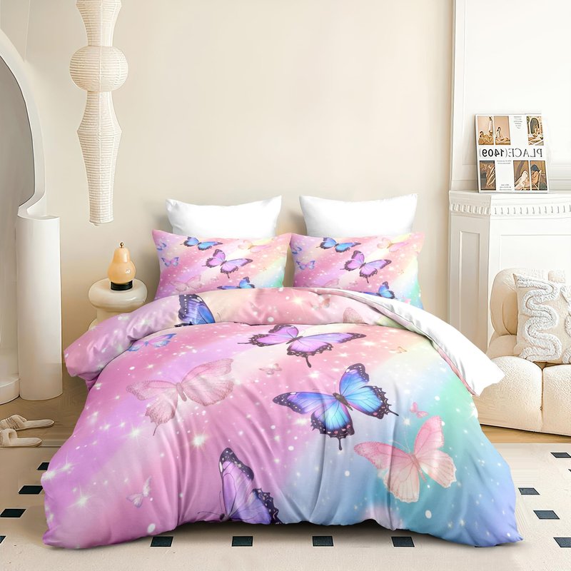 CCoutueChen Gradient Rainbow Comforter Set Queen Girls Kids, 3pcs Sparkling Butterfly Soft Bedding Set with 2 Pillowcases (90" X 90")