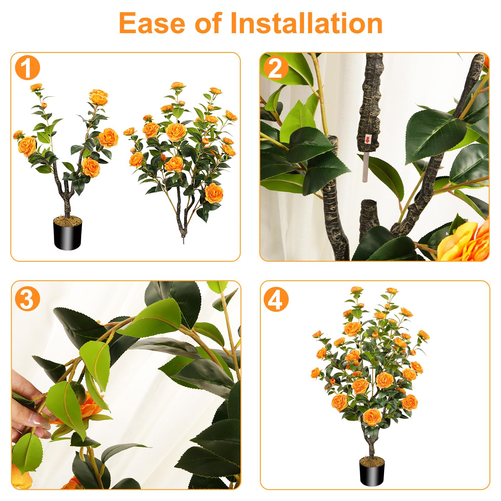 2 Pack 43.3"/3.6FT Artificial Tree with Camellia Flowers Fake Tree with 32 Blooming Flowers Orange Tree for Spring Home Front Door Outdoor Indoor Decor (Including Dried Moss)