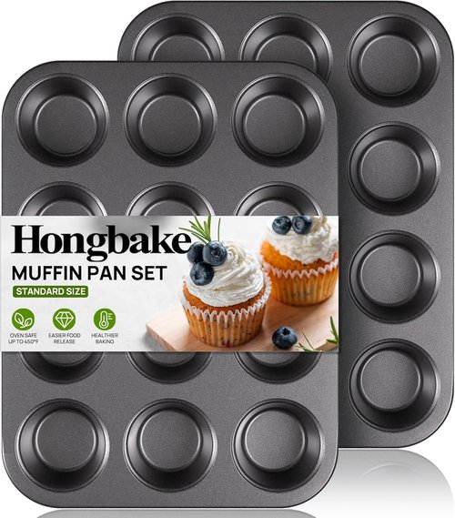 HONGBAKE Nonstick Muffin Pan - 12-Cup Baking Tray Set, Dishwasher Safe, Dark Grey Finish