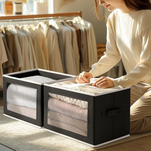 Homsorout Storage Boxes - 5 Pack Foldable Clear Window Bins | Large Decorative Containers for Clothes & Blankets - Black
