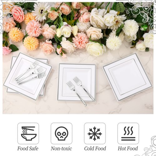 Gandeer 300 Pcs Square Plastic Plates with Forks Set Include 150 Disposable 6.5 Inch Dessert Plates Heavy Duty and 150 Plastic Appetizer Forks for 150 Guests Weddings Party Supplies(Silver)