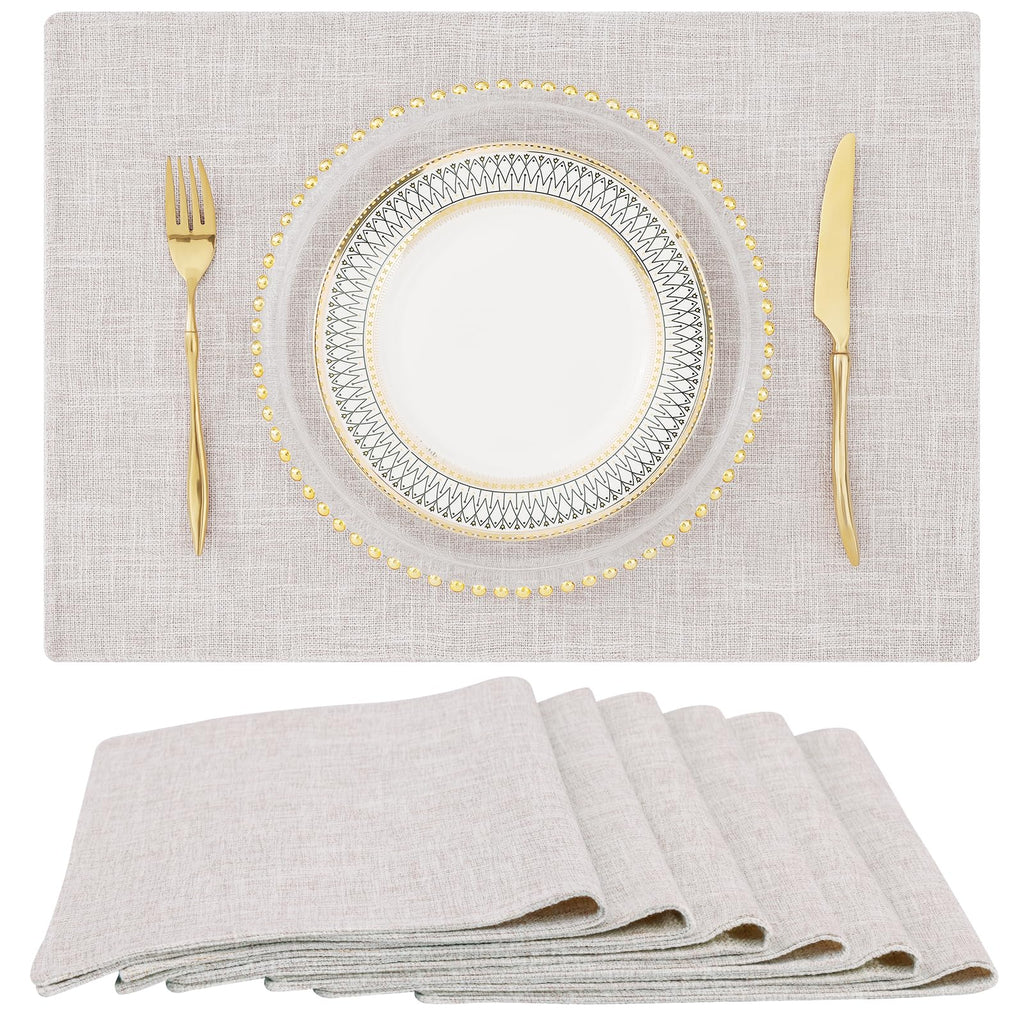 homing Cotton Linen Placemats Set of 6, Cloth Washable Farmhouse Dining Table Mats for Indoor, Outdoor, Easter, Easy to Clean, Neutral Beige, 13 x 19 Inch