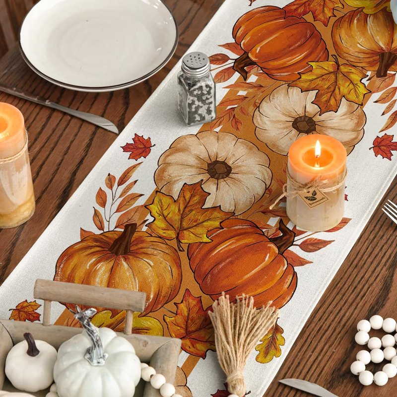 Artoid Mode Orange Pumpkin Maple Leaf Stripes Fall Table Runner, Seasonal Autumn Kitchen Dining Table Decoration for Home Party Decor 13x90 Inch