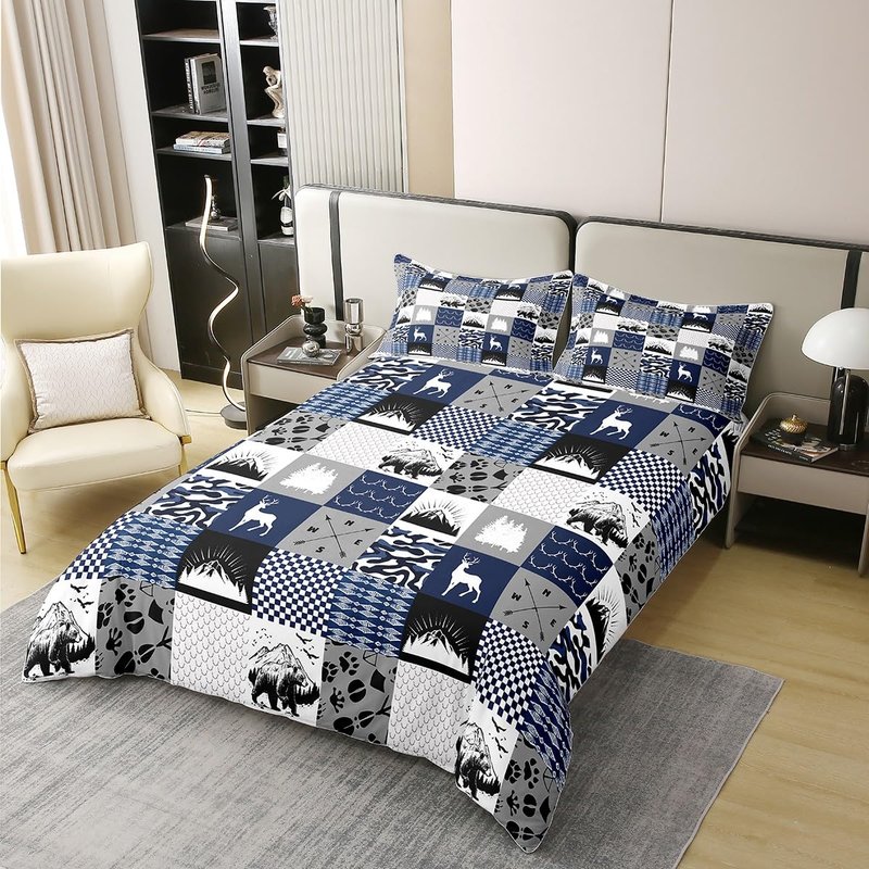 Rustic Farmhouse 100% Cotton Duvet Cover Twin, Retro Woodland Moose Comforter Cover, Country Bear Deer Patchwork Bedding Set, Hunting Wild Animal Plaid Adventure Quilt Cover for Bedroom, Blue Grey