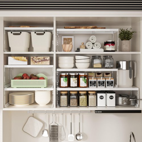 Jojocross Adjustable Stackable Metal Storage Shelf Organizer - Expandable Wire Rack with Perforations for Kitchen, Pantry, Bathroom, Cabinet & Office-Compact, Durable & Sturdy (2PACKS/Large/White)