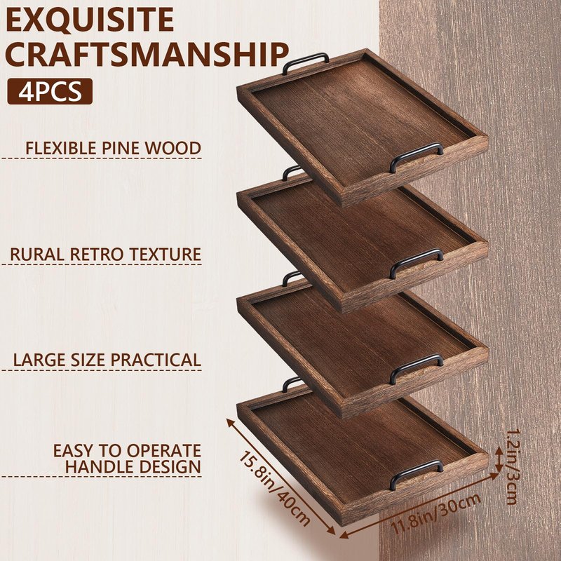 4 Pcs Large Wooden Serving Tray Decorative 15.8 x 11.8 x 1.2 in Ottomantray Rustic with Handle Coffee Table Wood Tray Kitchen Platter for Christmas Thanksgiving Party Gift Breakfast Wedding(Brown)