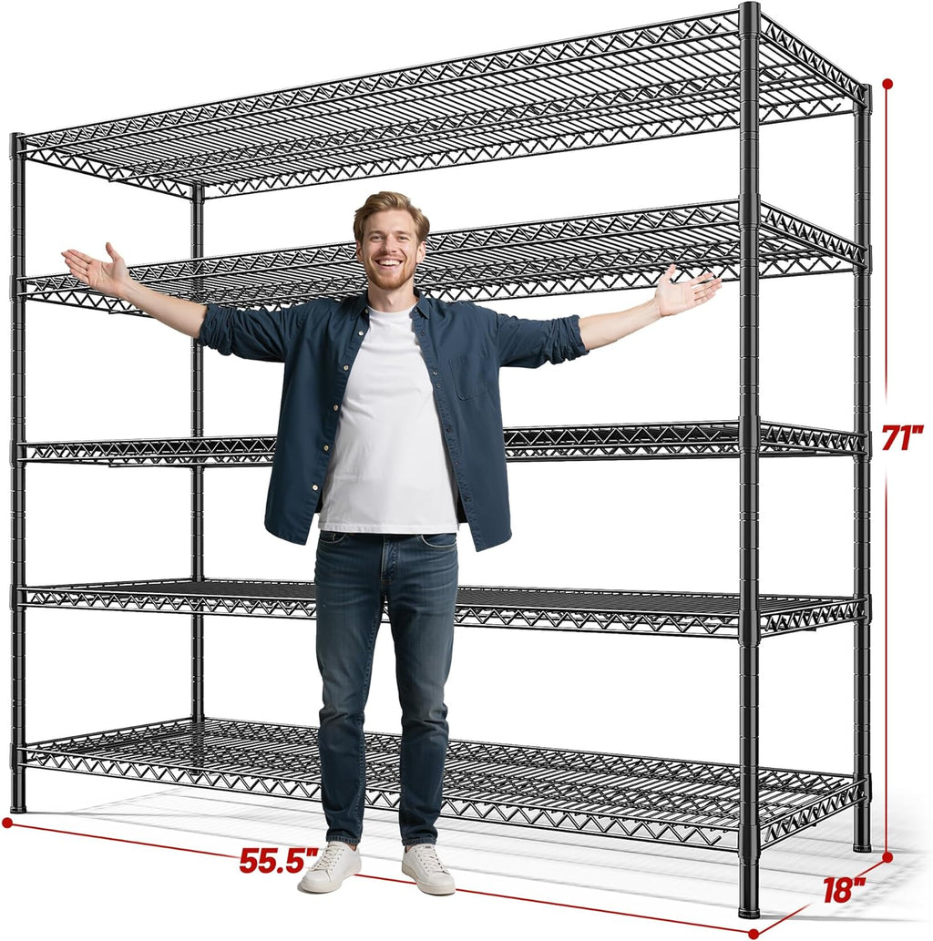 REIBII Heavy-Duty 5-Tier Storage Shelves - Adjustable Metal Shelving Unit for Garage & Pantry | 55.5" W x 18" D x 71" H