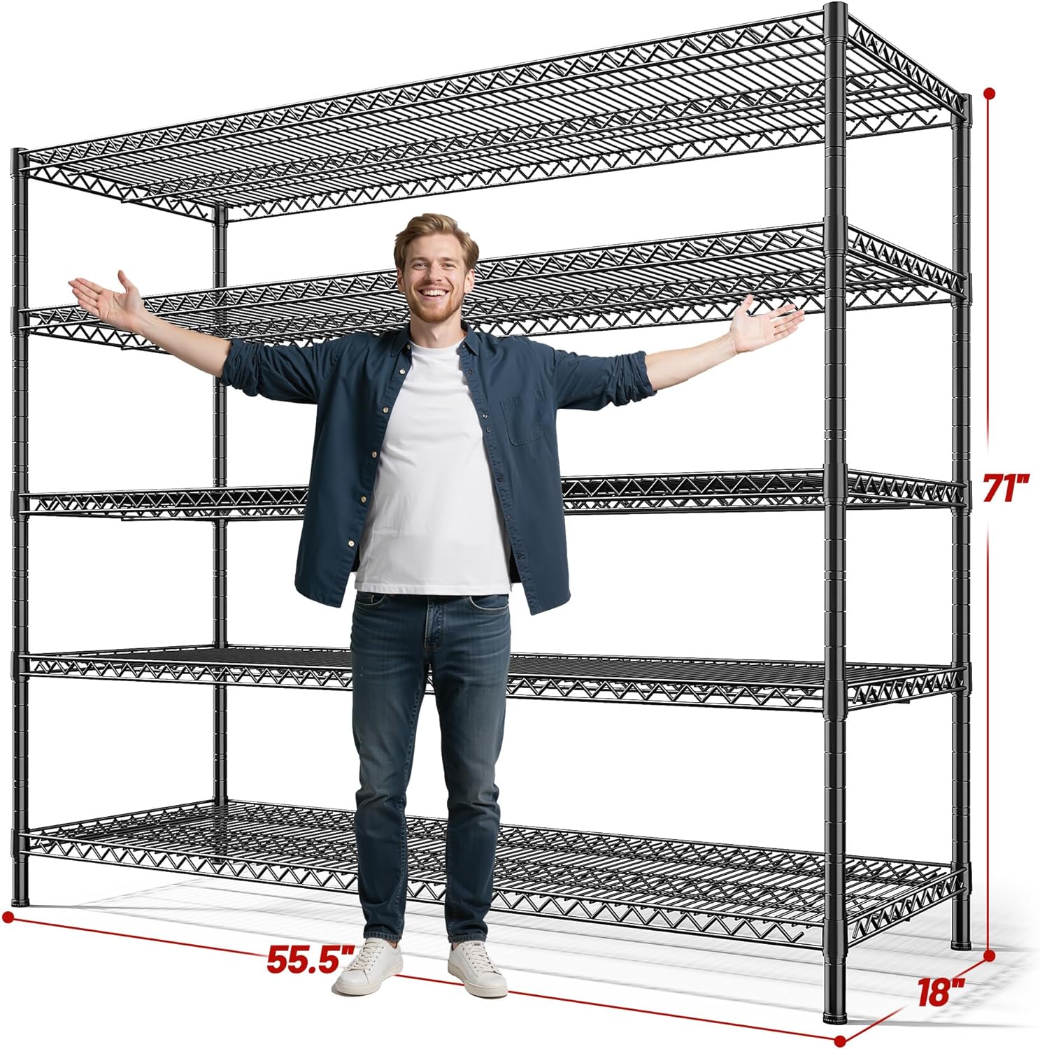 REIBII Heavy-Duty 5-Tier Storage Shelves - Adjustable Metal Shelving Unit for Garage & Pantry | 55.5" W x 18" D x 71" H