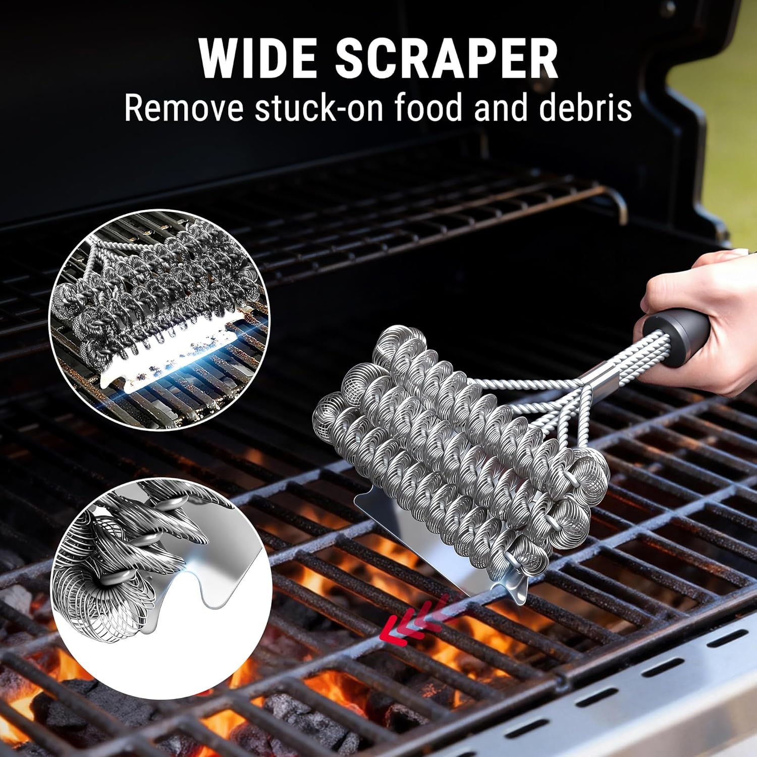 TempPro BBQ Grill Brush - Bristle-Free Stainless Steel Cleaner with Wide Scraper | Safe All-Grate Accessory