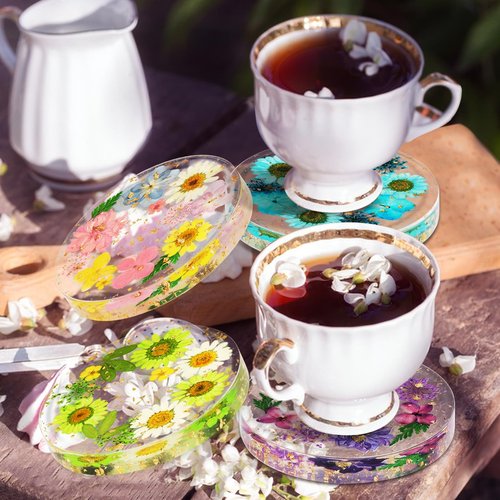Flower Coasters, Tumwisk 4Pcs Dried Flower Drink Coasters, Women Coffee Table Dining Table Desk Aesthetic Coaster Set Natural Floral Coaster Home Decoration Housewarming Present