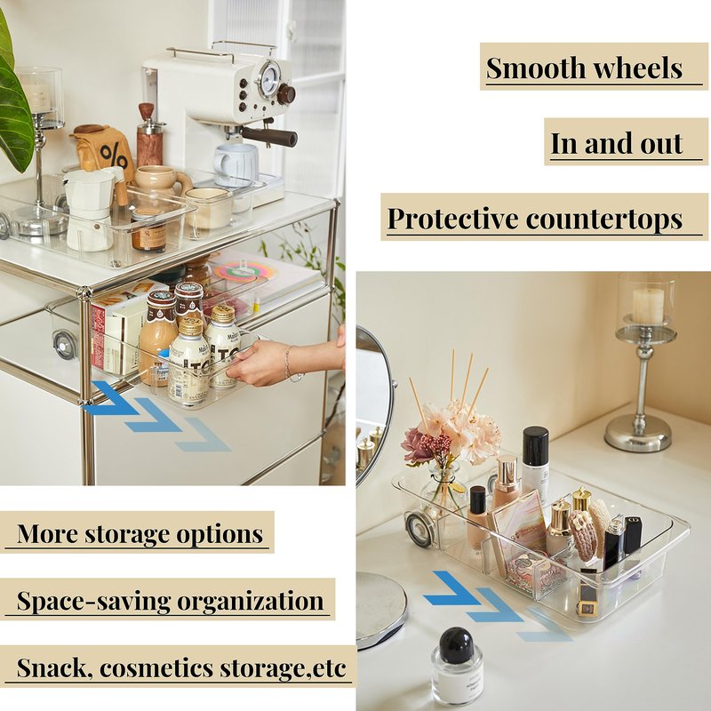 Attelite RollOut Refrigerator Drawer Organizer and Storage Clear Design with Dividers, Fridge Organizer on Wheels, Upgrade Thick Plastic Pantry Storage Bins, Kitchen Organization 2 Set
