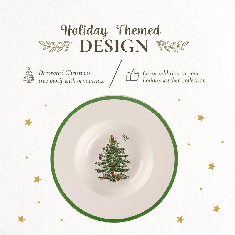 Spode Christmas Tree Pasta Bowl - Set of 4, Rimmed Plate for Serving Salad, Spaghetti & Soup, 10-Inch, Made of Porcelain, Dishwasher, Microwave & Freezer Safe, Dinnerware Set