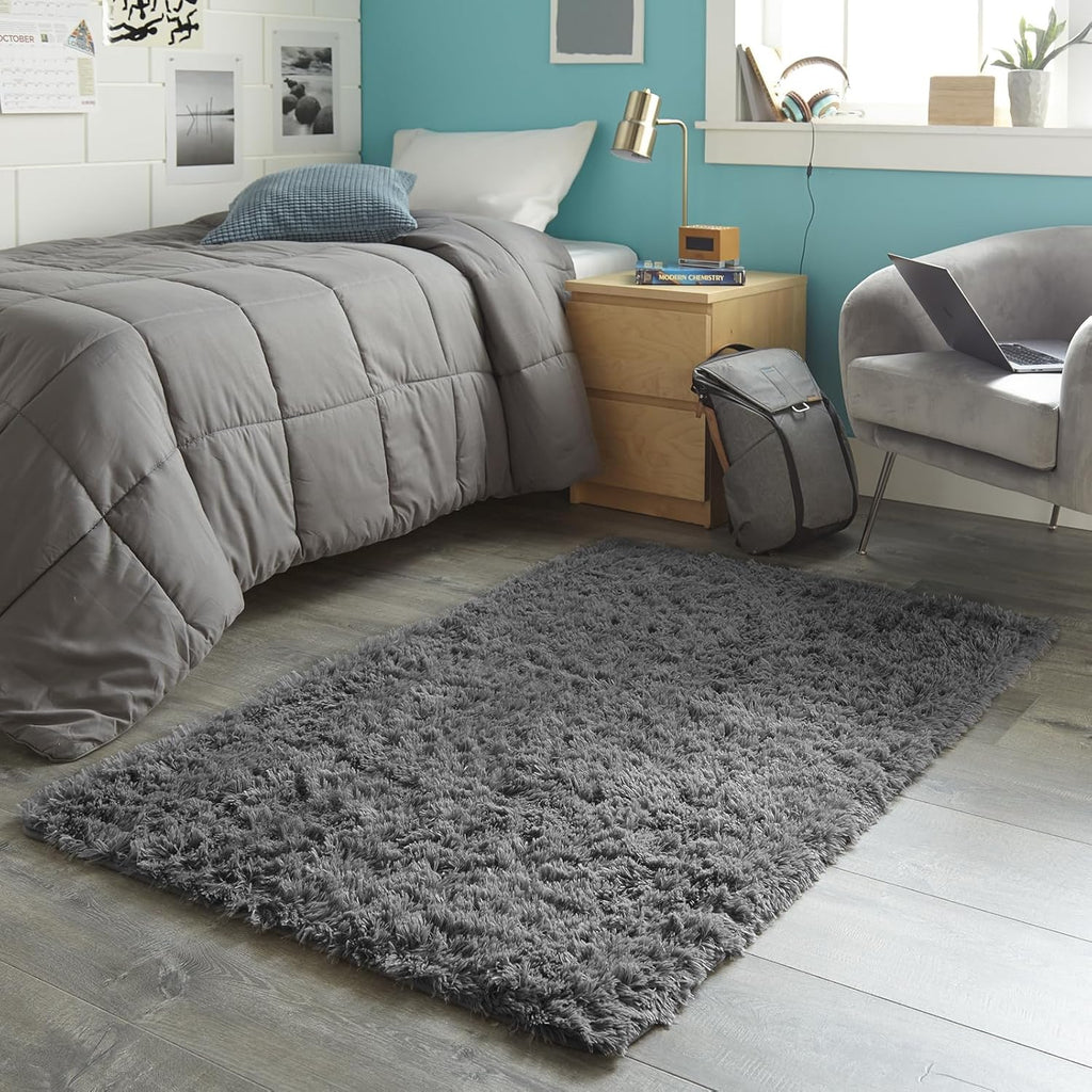 Ophanie 3x5 Non-Slip Area Rug - Fluffy Grey Carpet for Dorm Room & Bedroom Decor