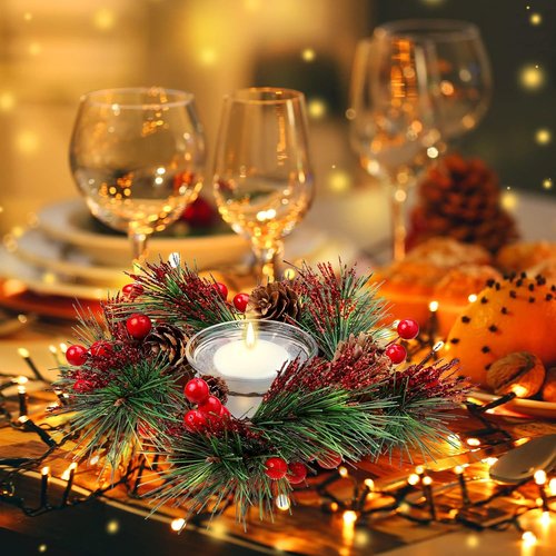 Dingion Christmas Candle Rings Set - 8 Pieces with Berry & Pinecone Holders for Votive Tapers | Wedding Decor