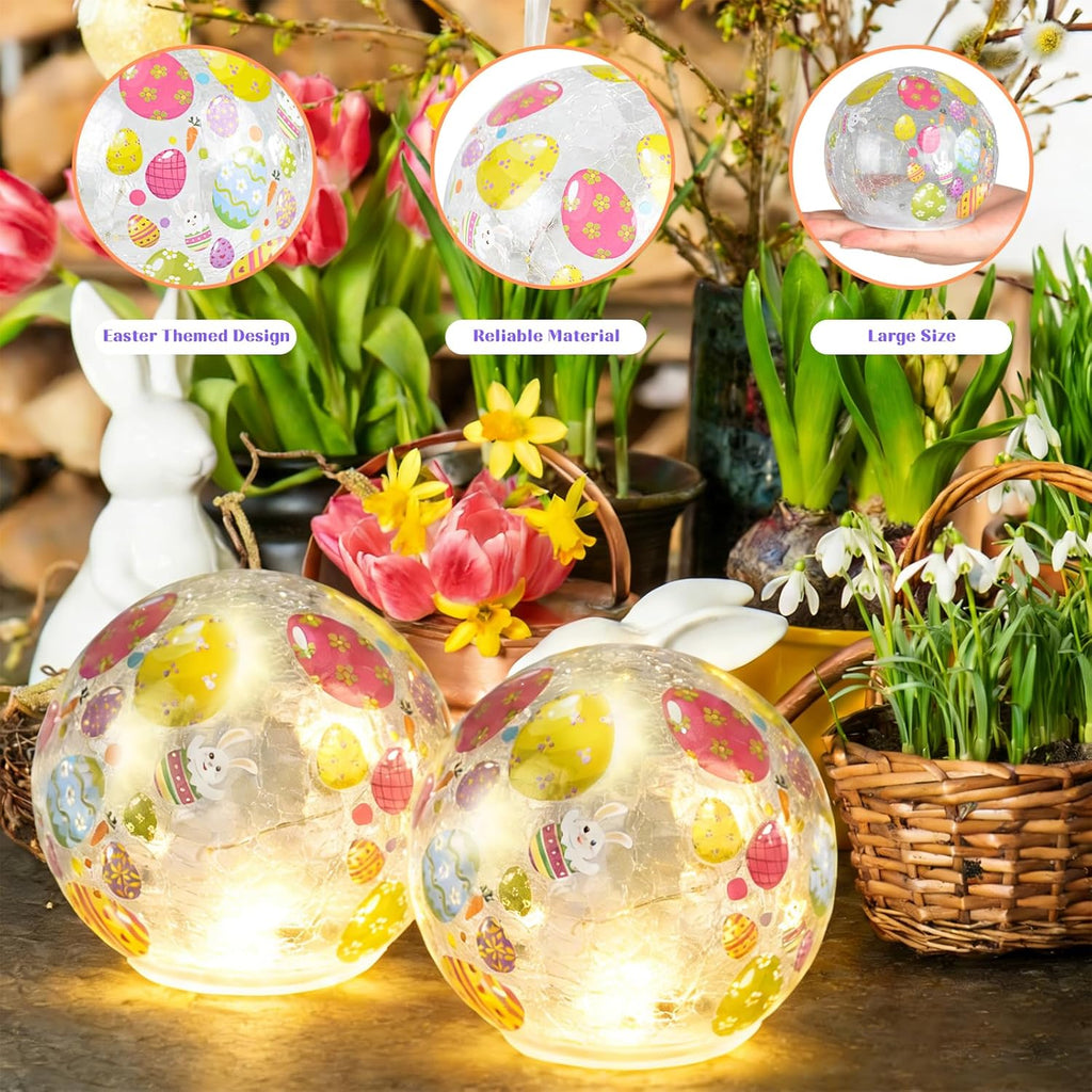 Skiennix Easter Glass Ball Lights - 2PCS LED Bunny Crackle Tabletop Lamps | 3.93'' Decorative Battery Operated Spheres