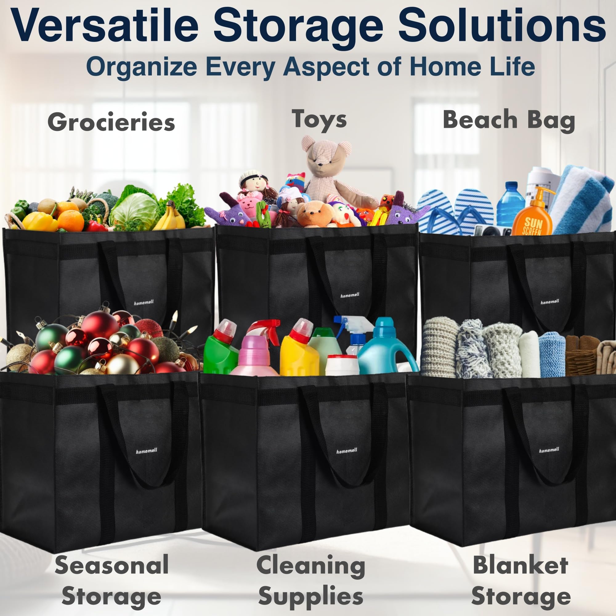 Homemell Heavy Duty Reusable Grocery Bags, Large Collapsible Tote Bag Holds 100 LBS, Extra-Strength Premium Material (Black, 6-Pack)