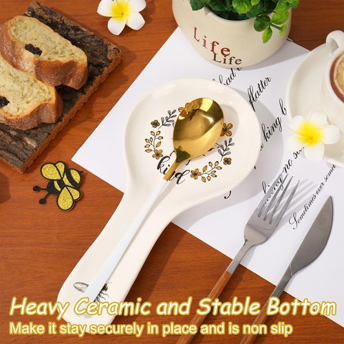 FYSUIMU 9.4inch Bee Ceramic Spoon Rest Yellow Black Bee Flower Cooking Spoon Holder for Summer Stove Top Kitchen Counter Decor
