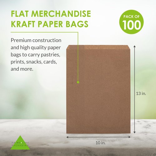 Prime Line Packaging Flat Paper Bags, Kraft Merchandise Bags for Small Businesses, Crafts, Prints, Cards, Photos, Wrapping, Shopping, Bulk, 10x13, 100 Count