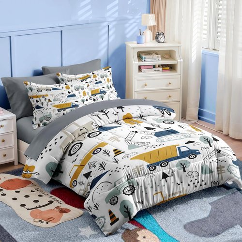 Nesker 5 Pcs Comforter Set Twin Size, Cute Cars Truck Tractor Bedding for Kids Teen, Cargo Crane Bulldozer Excavator Bed Sheet with Pillowcase & Sham