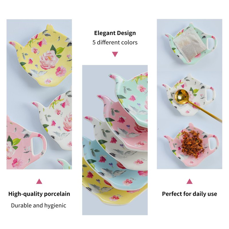 PRECITIME Porcelain Tea Bag Coasters, Floral Used Tea Bag Holder Ceramic, Set of 10 Tea Bag Plates Floral, Teaspoon Rest, Tea Bag Dish, Tea Party Gifts