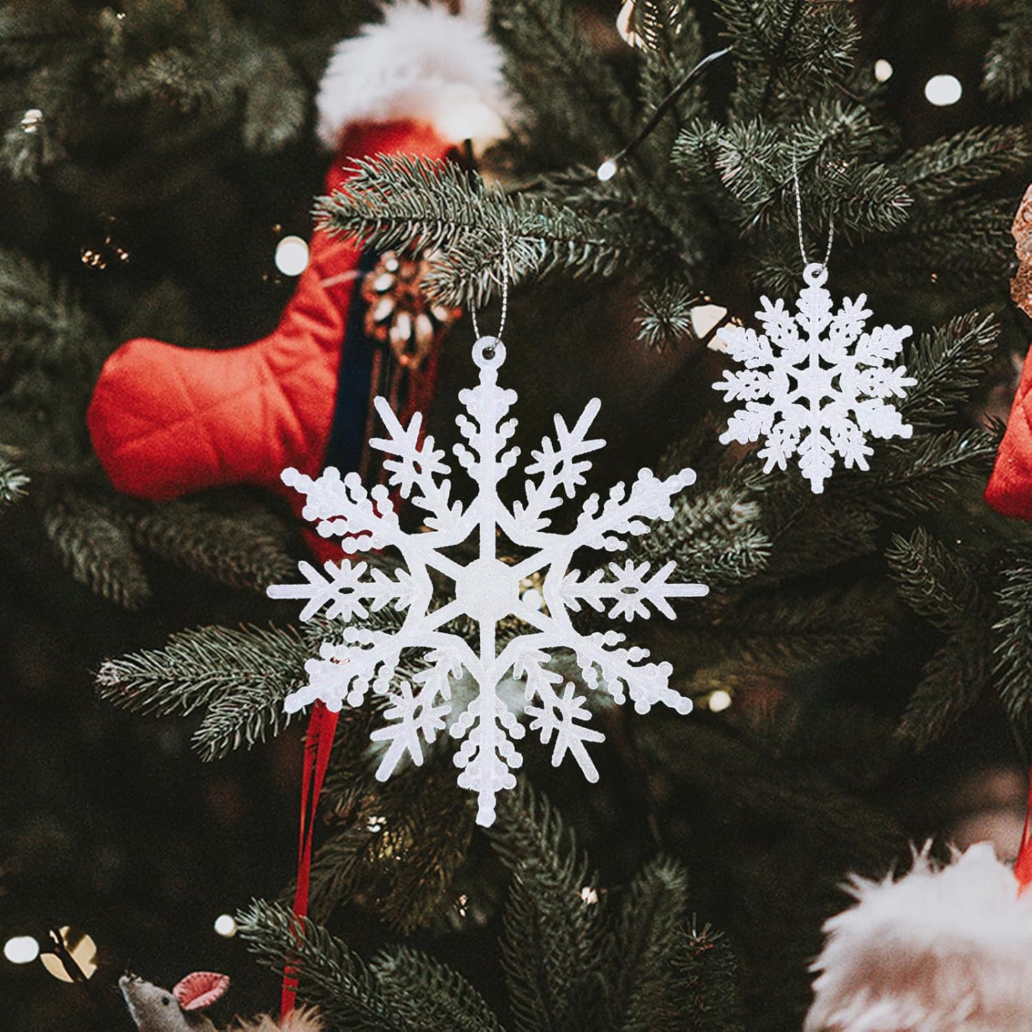 NEWMIAO Snowflake Ornaments - 36pcs Glitter Plastic Decorations for Christmas Tree | 5 Unique Patterns