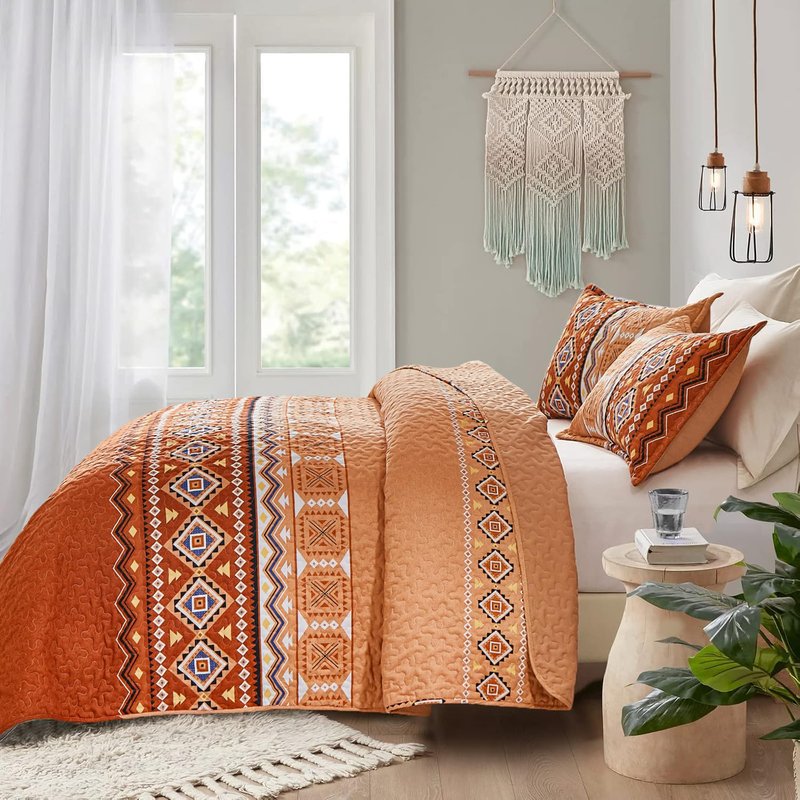 WONGS BEDDING 3 Pieces Quilt Set Queen Size, Burnt Orange/Rust Thanksgiving Quilt Bedspread Bohemian Coverlet Set with 2 Pillowcase, Fall Soft Thanksgiving Bedding Set for All Season 96"×90"