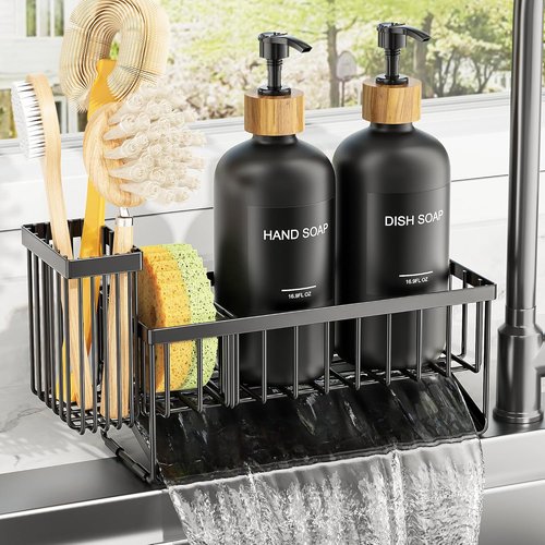 Cisily Dish Soap Dispenser Set - Vintage Black Glass Bottles with Adjustable Sponge Holder | 2 Pack, 16.9oz