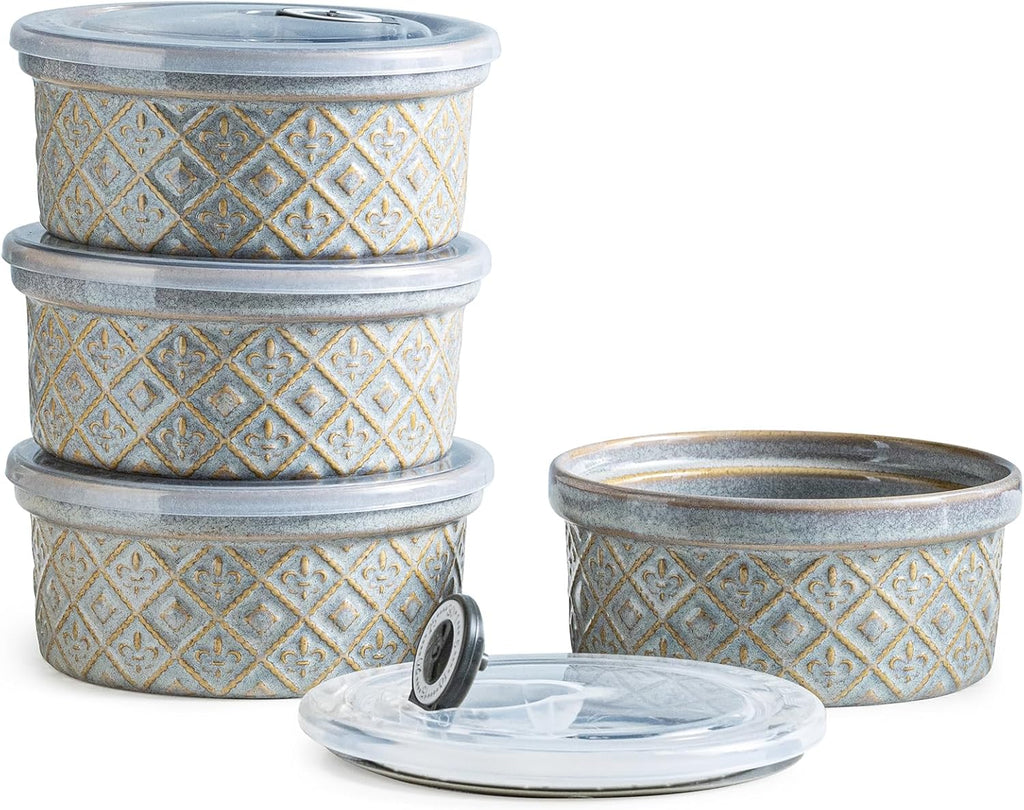 Regine Switzerland 16 oz Ceramic Ramekins - Oven Safe Baking Bowls with Lids | Set of 4 Gray for Creme Brulee & Souffle