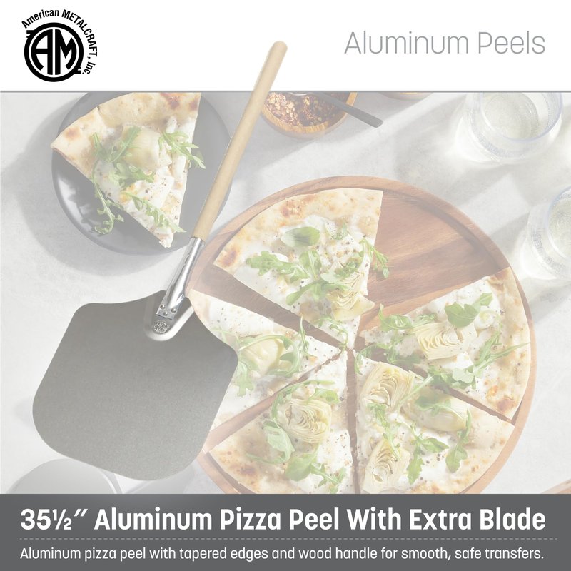 American METALCRAFT, Inc. "3512 35.5"" Aluminum Pizza Peel with 19"" Wood Handle, 12"" x 14"" Medium Blade", Silver