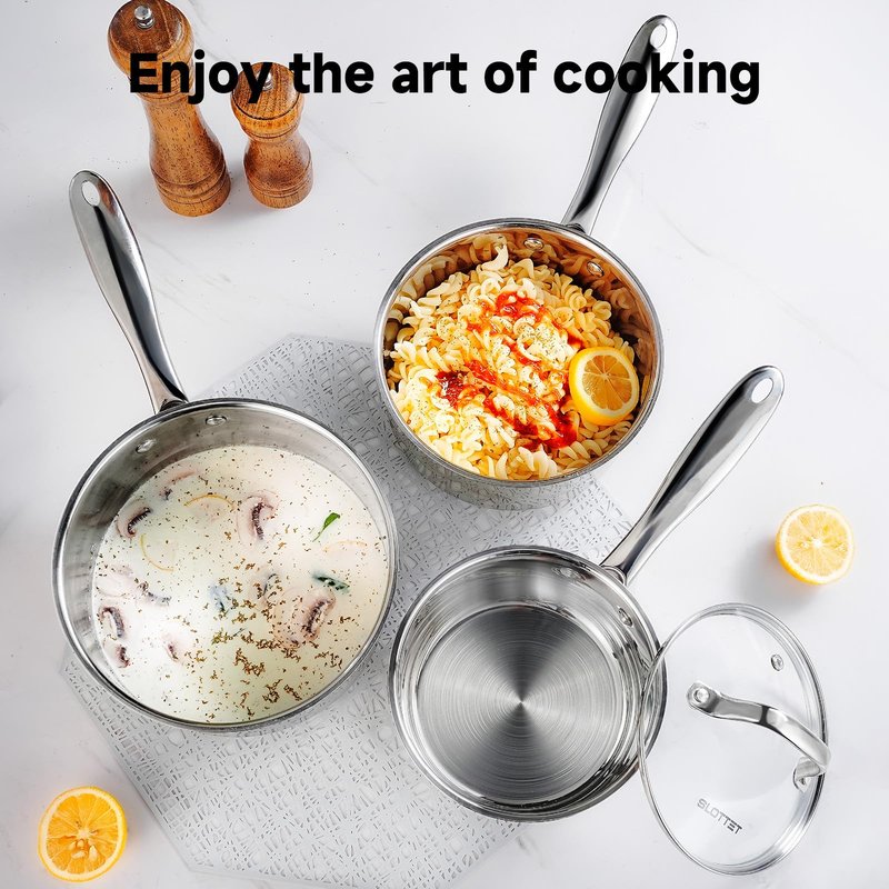 SLOTTET 1Qt & 2Qt & 3QT Stainless Steel Sauce Pan Set with Lid,6 Pcs Non Stick Saucepan,Small Kitchen Pots,Induction Compatible,PFOA FREE