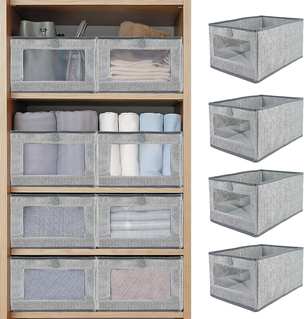 Skiennix Linen Closet Storage Bins - 6 Pieces with Clear Window for Organizing Clothes & Books