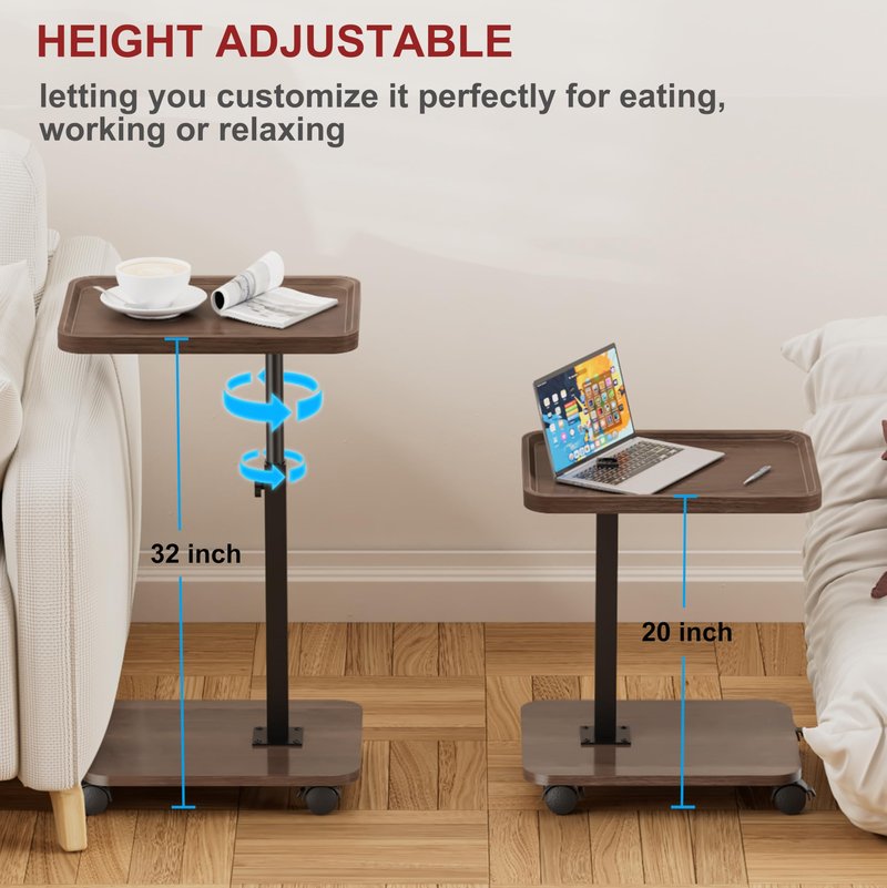 ZUJJAFY Tv Tray Table, Adjustable Height C Shaped End Side Table for Couch Chair Bed or Small Spaces, Swivel Sofa Armresrt Tables for Drinks Dinner Snack, with Wheels, Couch Tables that Slide Under