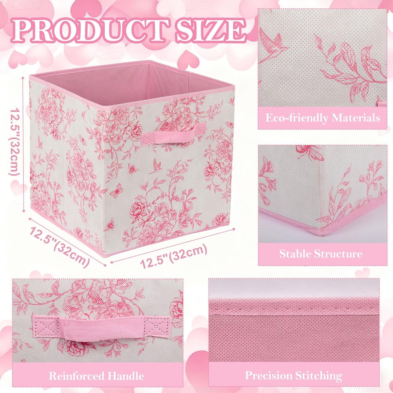 Skiennix Pink Floral Cube Storage Bins - 6 Pcs 12.5 Inch Collapsible Organizer Baskets for Home & Office