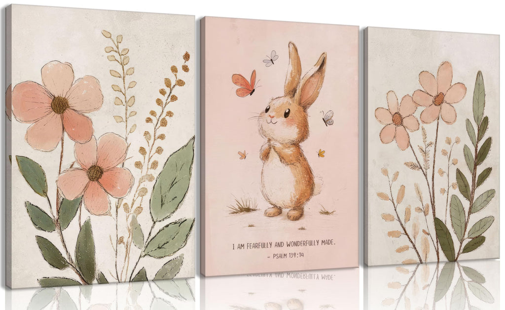 3Pcs Nursery Bunny Wall Art Christian Scripture Canvas Painting Cute Pink Bunny Botanical Flowers Wall Decor Nursery Posters for Girls and Boys Kids Room Baby Room Decor Framed