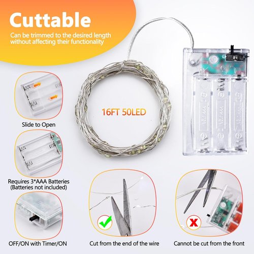 Joomer LED Fairy Lights - Battery Operated 16FT | 50 Cuttable Warm White Starry Lights for Bedroom & Parties