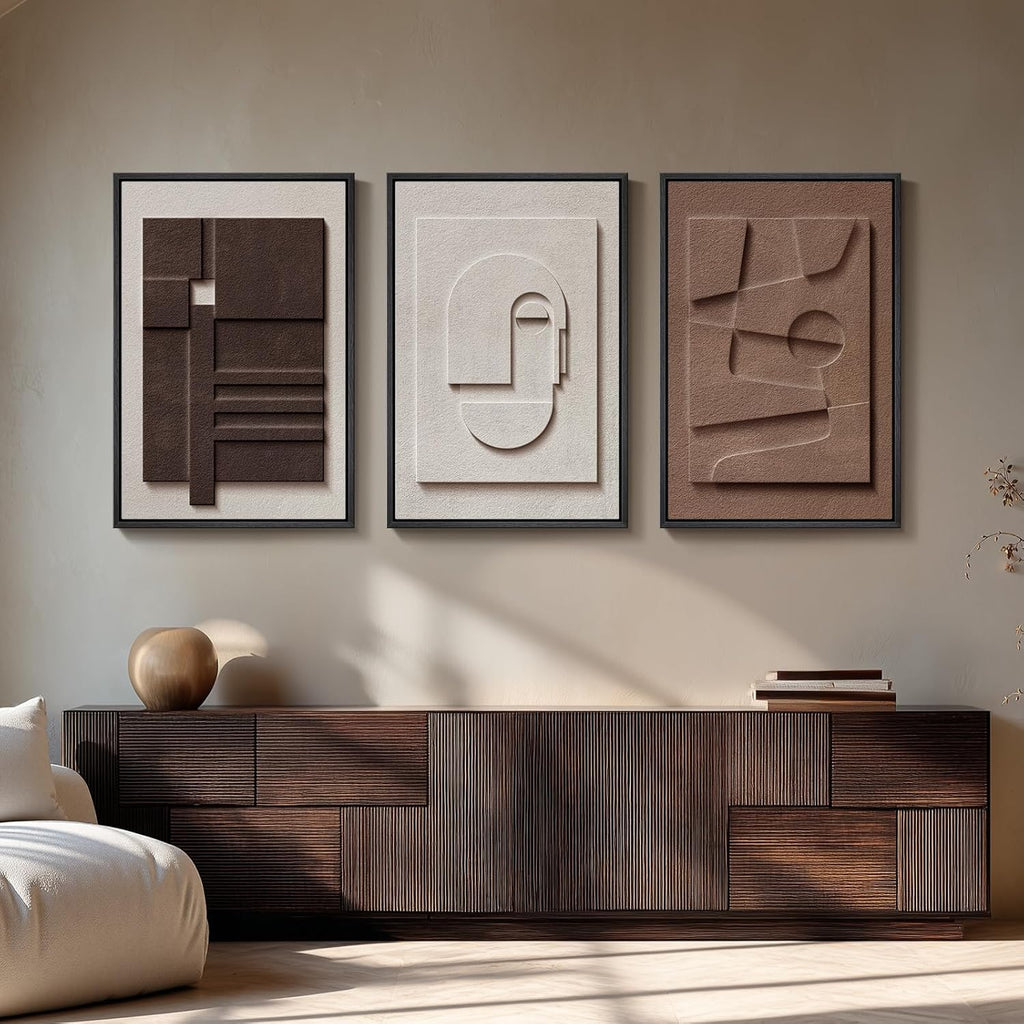 Regine Switzerland 3D Textured Framed Wall Art - Modern Neutral Abstract Design | 20x30 In, 3 Pieces for Living Room & Bedroom Decor