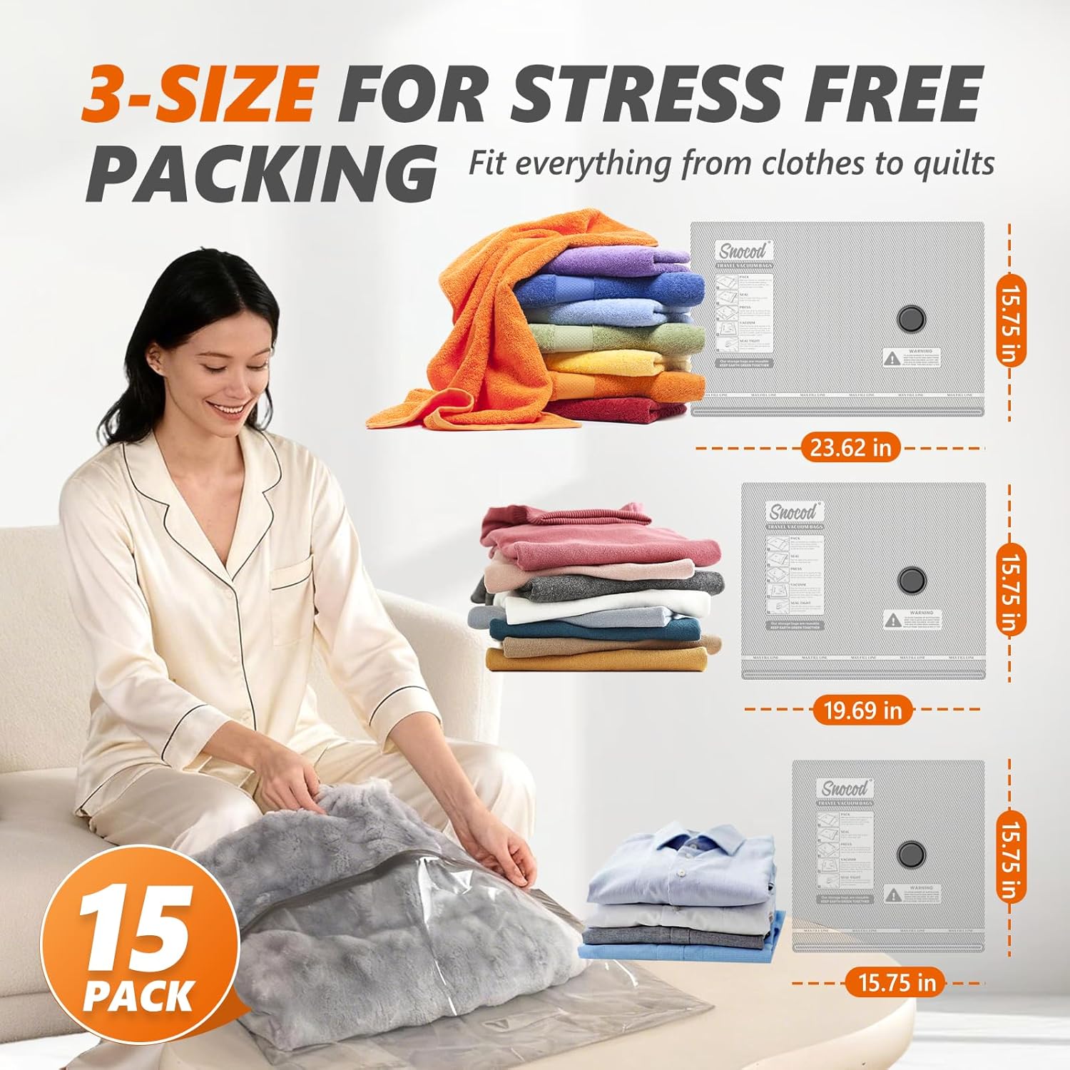 Skiennix Travel Vacuum Bags - 15 Pack with Wireless Pump & -70KPa Suction for Maximum Compression