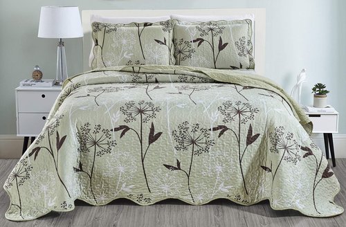 Masterplay 3-Piece Fine Printed Oversize (115" X 95") Quilt Set, Bedspread Coverlet King Size Bed Cover (Sage Green, Brown, White, Vine)