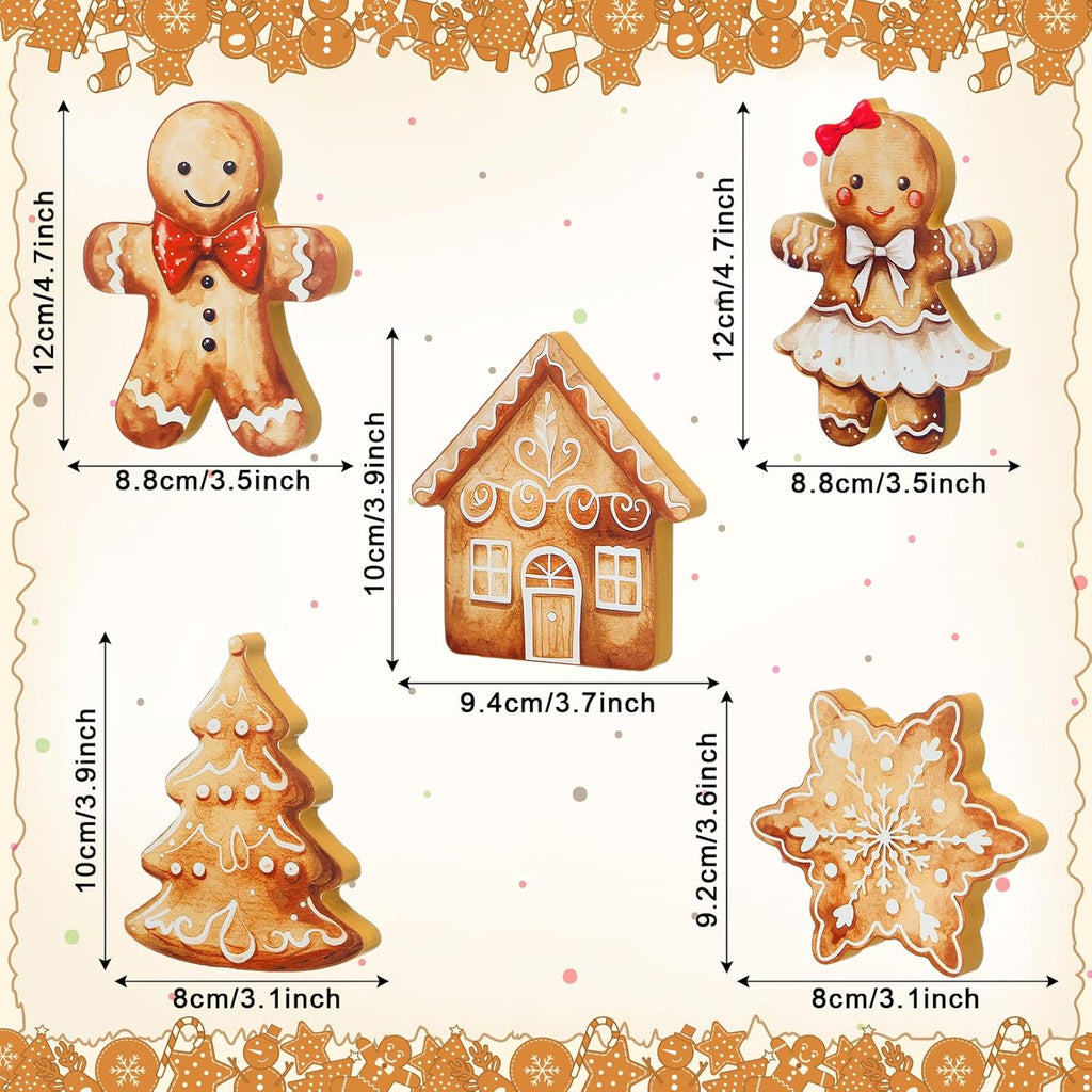 Threehoney Gingerbread Christmas Decorations - 5 Pcs Cute Wooden Table Decor for Home & Office