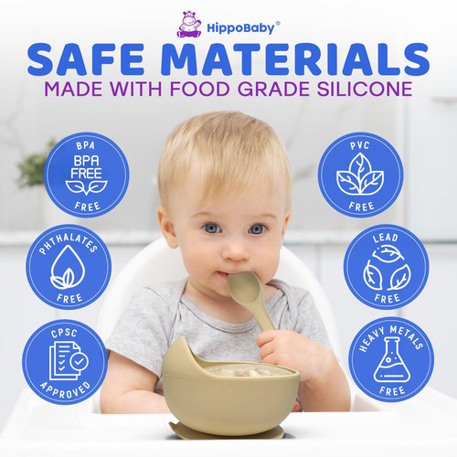 HippoBaby Baby Led Weaning Supplies | 10 Piece Silicone Baby Feeding Set | Baby Toddler Bib Cup Divided Plate and Bowl Self Feeding Spoons Dish Set | Baby Utensils | Toddler Feeding Supplies (Cream)