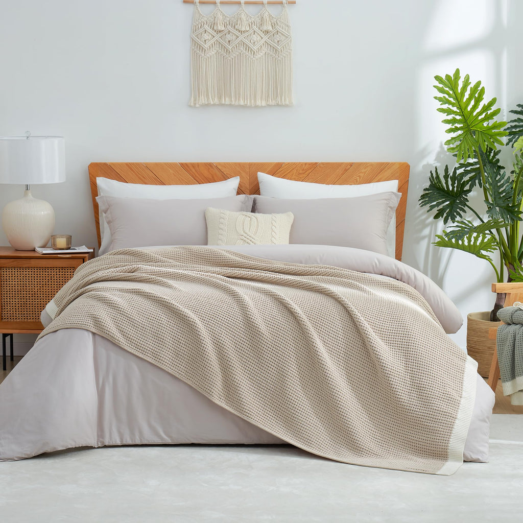 Amélie Home Waffle Throw Blanket for Couch Twin, Soft Cozy Chenille Knit Blanket Warm Decorative Throw for Sofa, Bed, Living Room, 60"x80", Beige