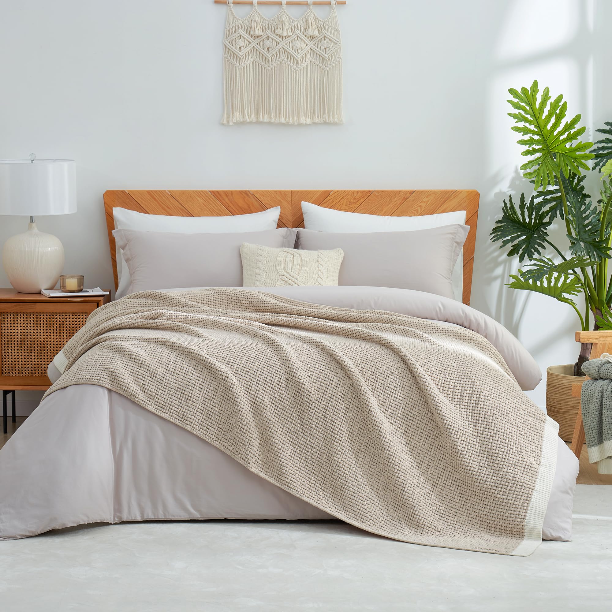 Amélie Home Waffle Throw Blanket for Couch Twin, Soft Cozy Chenille Knit Blanket Warm Decorative Throw for Sofa, Bed, Living Room, 60"x80", Beige