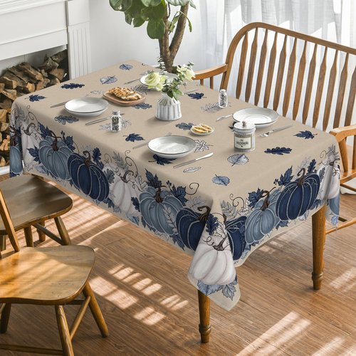 Horaldaily Fall Tablecloth 60×120 Inch Rectangular, Autumn Harvest Blue Pumpkin Floral Washable Seasonal Table Cover for Party Picnic Dinner Decor